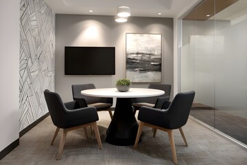 Small Huddle Room with Round Table and Four Chairs for Collaborative Modern Office Meeting Space Design