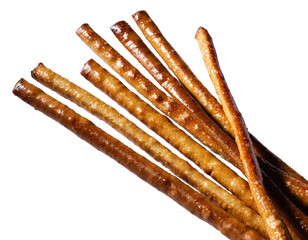 Close up of crispy breadsticks on black background studio shot with macro lens