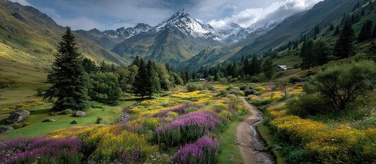 Mountain valley with wildflowers and path