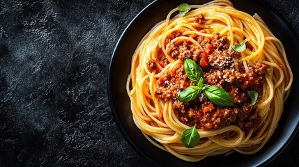 Spaghetti Bolognese Top View Close-up, Dark Background Italian Cuisine