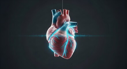 Digital Human Heart Model with Glowing Energy and Blue Veins perfect for medical websites, scientific presentations, health