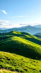 Lush green mountain landscape under a vibrant sky