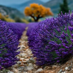 A lavender field with focus on the foreground blooms. Trees & mountains