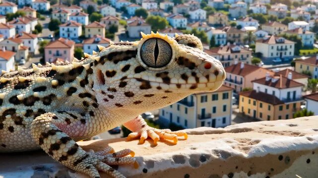 A close-up view of a leopard gecko perched on a ledge overlooking a vibrant town, with colorful houses in the background and a clear blue sky