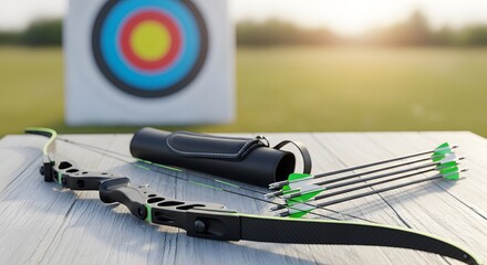 Recurve Archery Bow, Arrows, and Target Ready for Practice Outdoors perfect for sports advertising, hobby magazines, website