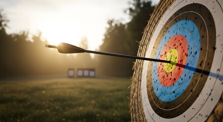 Precision Archery: Arrow in Target with Golden Sunlight perfect for website banner, t-shirt design, motivational poster,