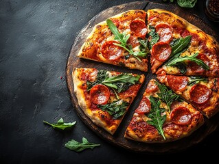 Pepperoni Arugula Pizza on Dark Background, Italian Cuisine