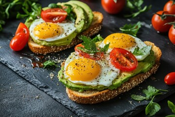 A plate of avocado toast topped with scrambled eggs, cherry tomatoes, and fresh herbs, served on a black slate plate with a scattering of cherry tomatoes and basil leaves in the background.