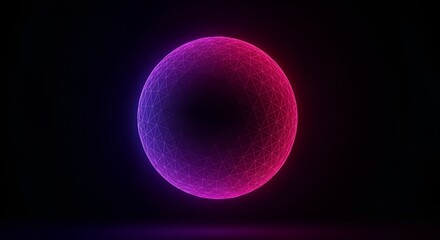 Neon illuminated sphere with triangular mesh structure on a dark black background
