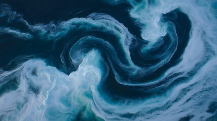 Dynamic illustration of turbulent deep ocean water with swirling currents and foamy white patterns