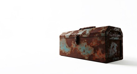 Vintage Rusty Metal Toolbox on White Background perfect for industrial design, DIY blogs, website banner, historical themes,