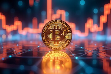 Golden Bitcoin coin on reflective surface, glowing charts in background. Futuristic crypto trading scene.