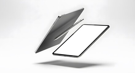 Modern Tablet and Smartphone Mockup with Stylus Floating on White perfect for website banner, app mockup, product