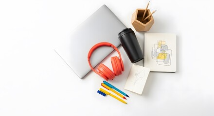 Modern Flat Lay Workspace with Laptop, Headphones & Creative Tools on White Background perfect for website banner, blog post,