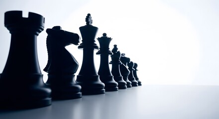 Strategic Black Chess Pieces Lined Up on White Background perfect for Business presentations, corporate websites, marketing