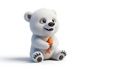 Adorable Cartoon Polar Bear Cub Holding a Fish on White Background perfect for children's book illustration, educational