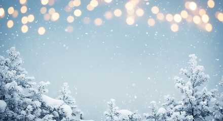 Snowfall Banner with Frosted Christmas Branches and Blurred Winter Bokeh Background