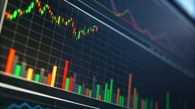 Financial data visualization with colorful graphs and charts representing market trends and statistics.
