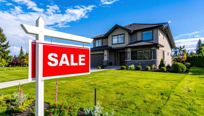 Modern Home for Sale with Sign on Lush Green Lawn with Blue Sky Real Estate.