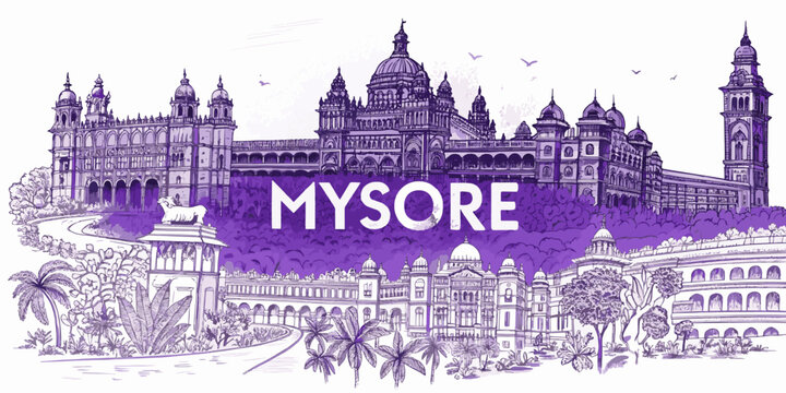 Mysore Skyline Sketch with Chamundi Hill, Mysore Palace, and St. Philomena&rsquo;s Church | Cultural Art for Travel, Tourism, Poster & Souvenir Use