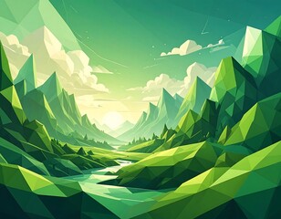 Lush green polygonal landscape with a winding river