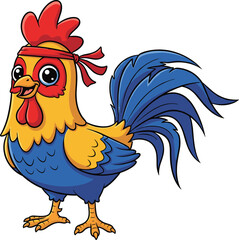 Whimsical cartoon rooster with red headband, expressive eyes, vibrant feathers, playful pose, cheerful farm animal character for kids media
