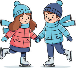 Two children ice skating together, winter fun activity, smiling kids in warm clothes, outdoor seasonal joy, friendship, cheerful holiday moment