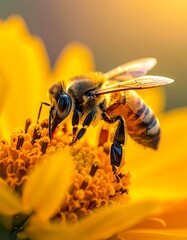 Macro shot of a bee pollinating a vibrant yellow flower in sunlight