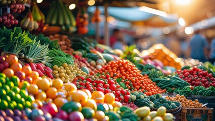 Fresh produce on display at a vibrant farmers market stall