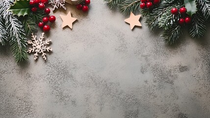 Fototapeta premium Red Berry and Star Christmas Decor on Gray Background, Festive Atmosphere Design Element (Suitable for Christmas Decoration, Festive Design, Greeting Card Materials, etc.)