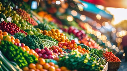 Fresh produce display at a vibrant outdoor farmers market