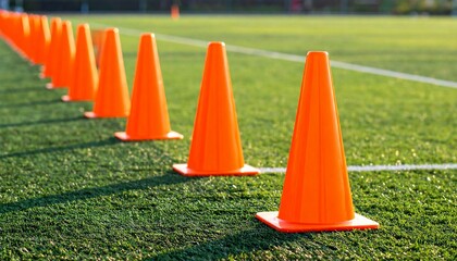 Orange Traffic Cones Lined Up on Green Artificial Turf of a Sports Field.