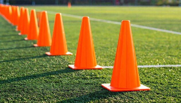 Orange Traffic Cones Lined Up on Green Artificial Turf of a Sports Field.