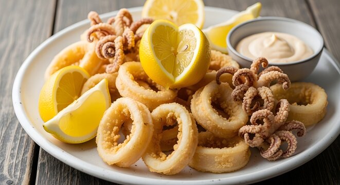 Delicious fried calamari rings with lemon wedges and dipping sauce seafood appetizer