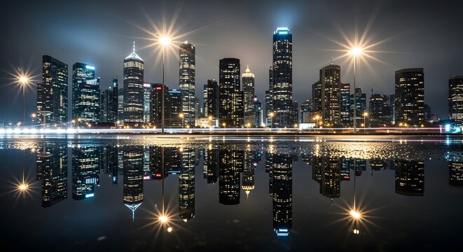 Night cityscape reflection background, modern city skyline with water reflection view - Powered by Adobe