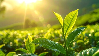 Lush green tea leaves bathed in morning sun