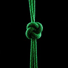 A sharply illuminated object, a distinct green colored fiber fashioned into a classic hanging knot or slipknot structure against a plain background ,hangman ,structure ,cord
