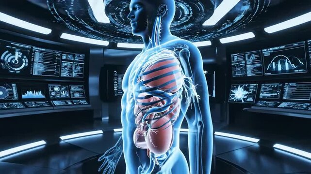 Futuristic Human Anatomy Scan in a High-Tech Medical Environment.