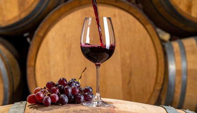 Pouring Red Wine into Glass with Grapes  Wine Barrels Background Vineyard Concept.