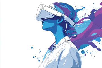 A digital painting of a woman wearing a virtual reality headset, her face illuminated by the glow of the screen, isolated on transparent background splashes of color surround her