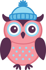 Adorable pink owl wearing a cute blue winter hat, ready for seasonal holiday fun