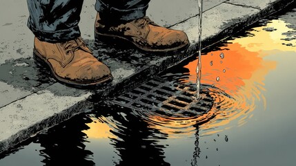 Feet beside a puddle as water flows into a drain