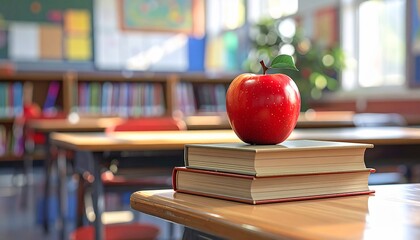 Red Apple on Books in Sunny Classroom Education with Learning, School, and Back to School.