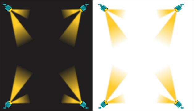 Four powerful yellow spotlight beams shining from the corners, forming a warm light frame border for attention, sale announcement, or important warning focus abstract background.