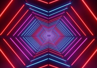 Dynamic futuristic tunnel with glowing neon red and blue geometric lines creating an abstract cyberspace portal in a vibrant digital landscape for modern background concepts
