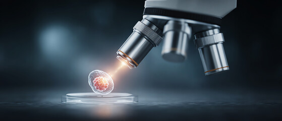 Hopeful future of science and technology, microscope in laboratory for biology research, examining an embryonic cell for genetic analysis