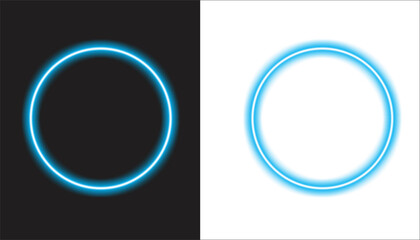 Futuristic neon blue circle frame graphic element on split black and white background for modern technology, gaming, streaming, or cyberpunk border vector design template.