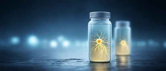 Glowing neural cell in vial for futuristic science and medicine research. hopeful concept in biotechnology and advanced treatment technology