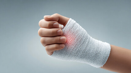 Painful hand and wrist injury with red ache, covered by white gauze bandage for medical first aid treatment and healthcare support
