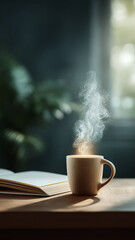 Relaxing morning scene with steaming coffee cup and book on table. Cozy, soft light creates peaceful atmosphere for reading